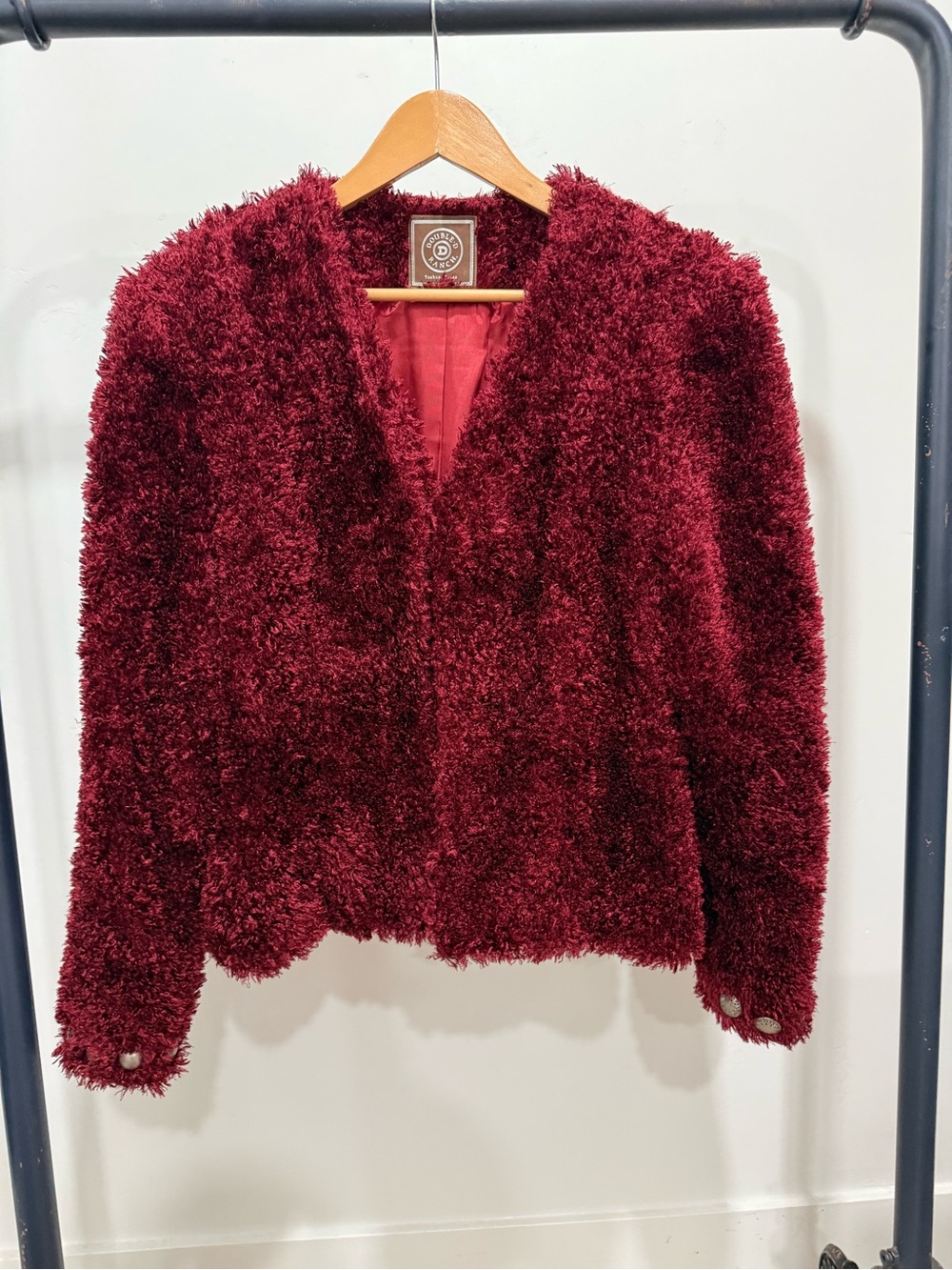Vintage Double D Ranch Plush Burgundy Teddy Jacket with Studs
